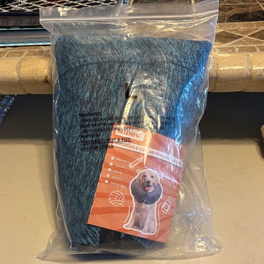 Blue dog medical collar inflatable new in bag. Large